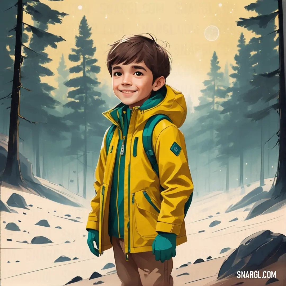 Boy in a yellow jacket standing in the snow in front of a pine forest with a full moon. Example of CMYK 0,13,100,0 color.