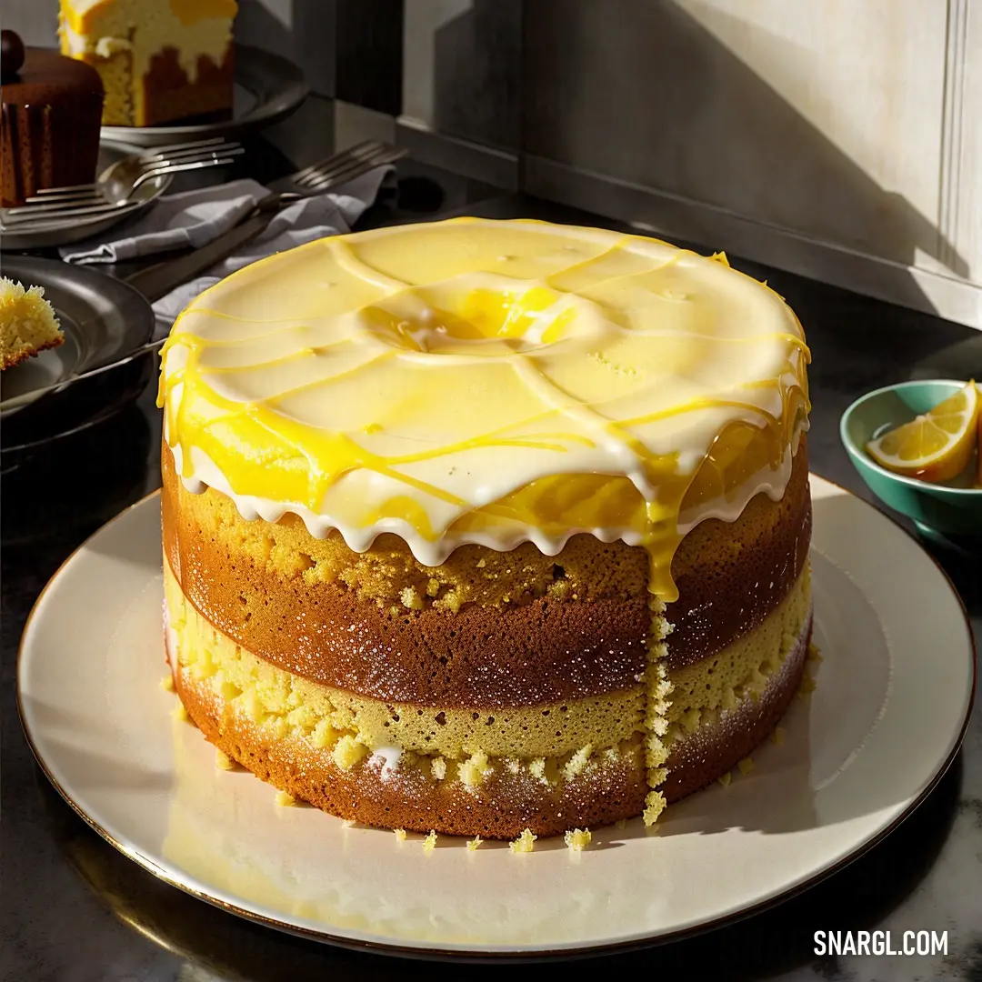 Golden yellow color example: Cake with a slice cut out of it on a plate next to a bowl of oranges