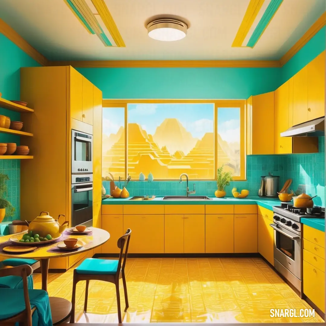 Kitchen with yellow and blue walls and a table with chairs and a stove and sink and a window. Example of #FFDF00 color.