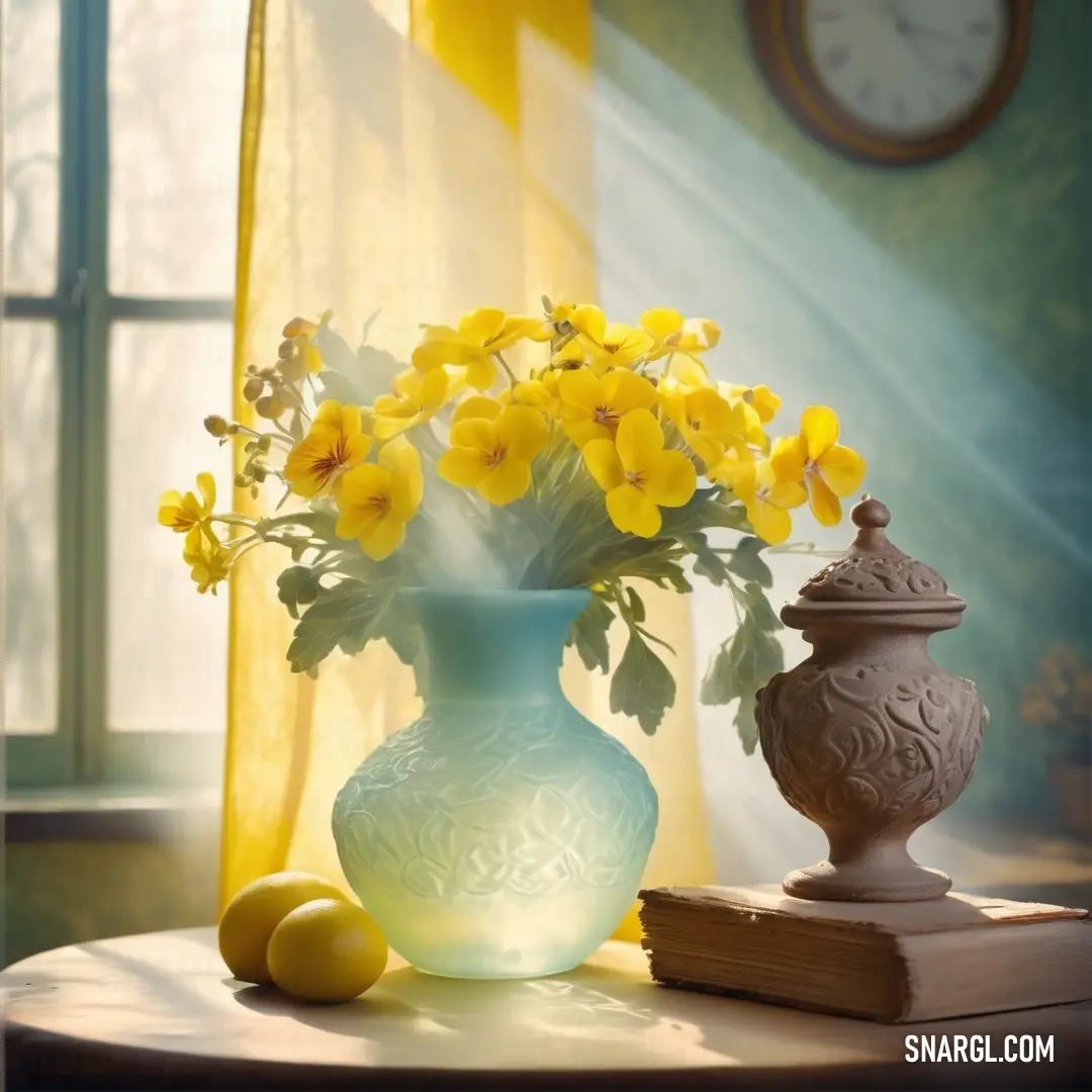 Golden yellow color. Vase of yellow flowers on a table next to a book and lemons on a table near a window