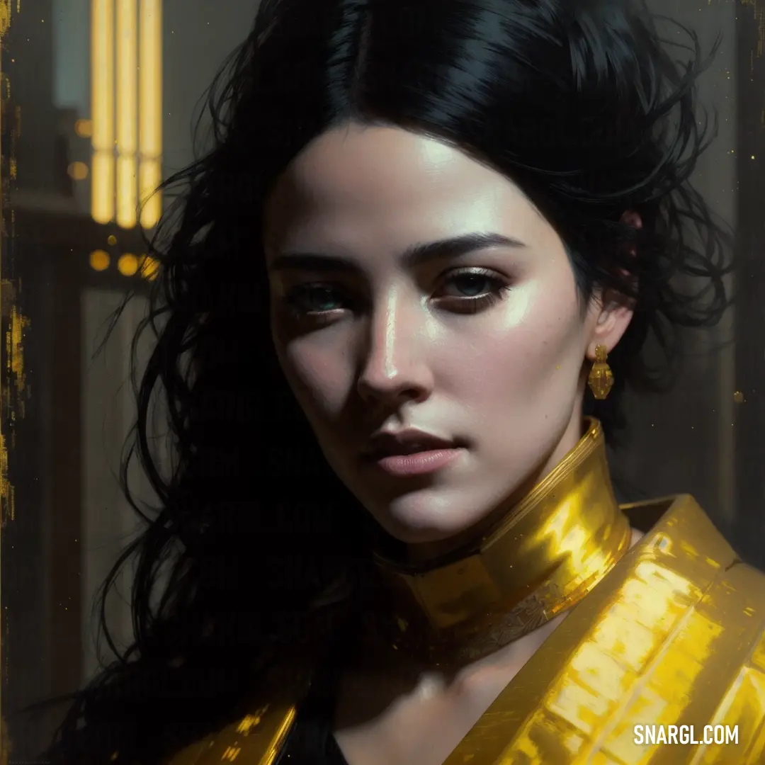 Golden yellow color example: Woman with long black hair wearing a gold outfit and earrings,