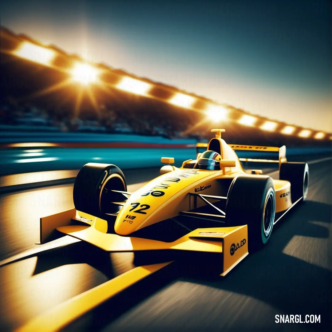 Golden yellow color. Yellow race car driving on a track at night time with a stadium in the background
