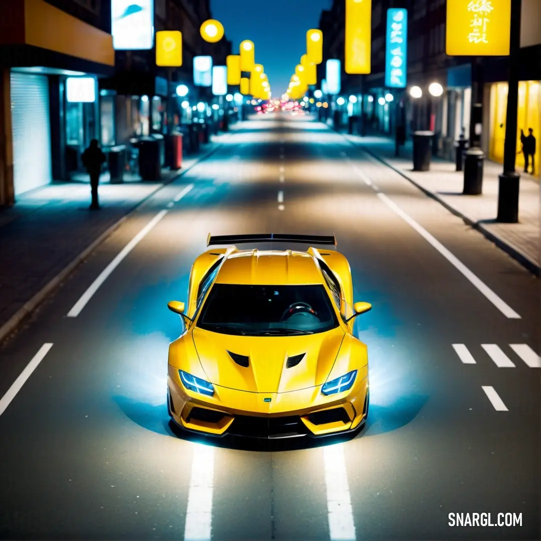 Golden yellow color. Yellow sports car parked on a city street at night time with a bright light on the hood of it