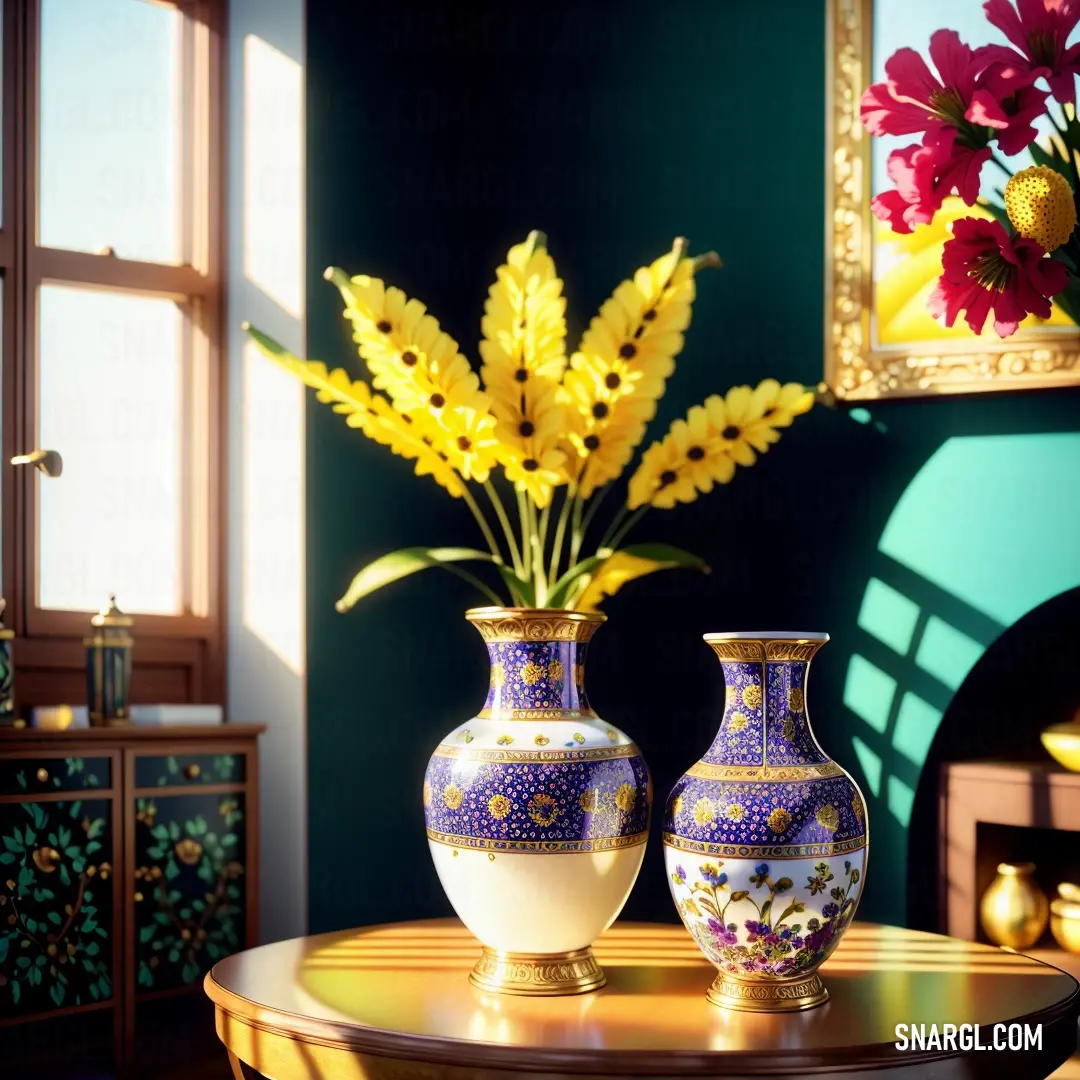 Table with two vases and a vase with flowers on it in a room with a fireplace and a mirror