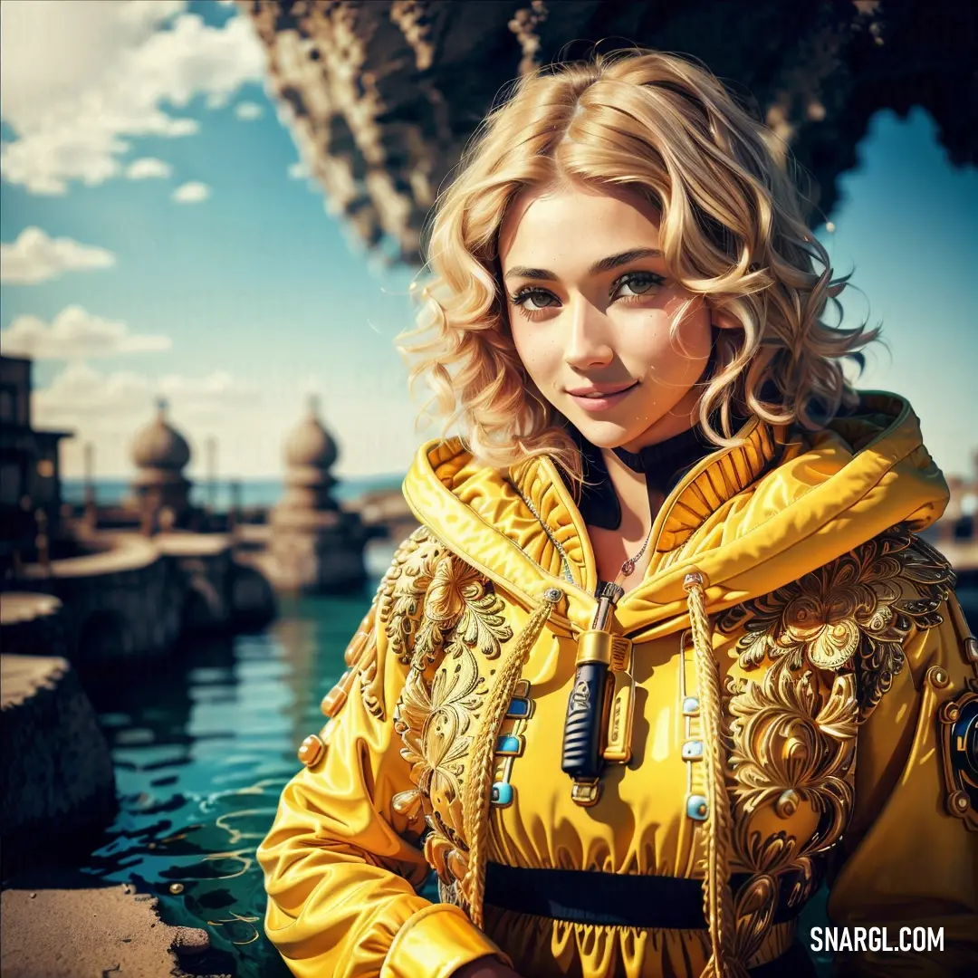 Woman in a yellow jacket is posing for a picture by the water with a blue sky in the background