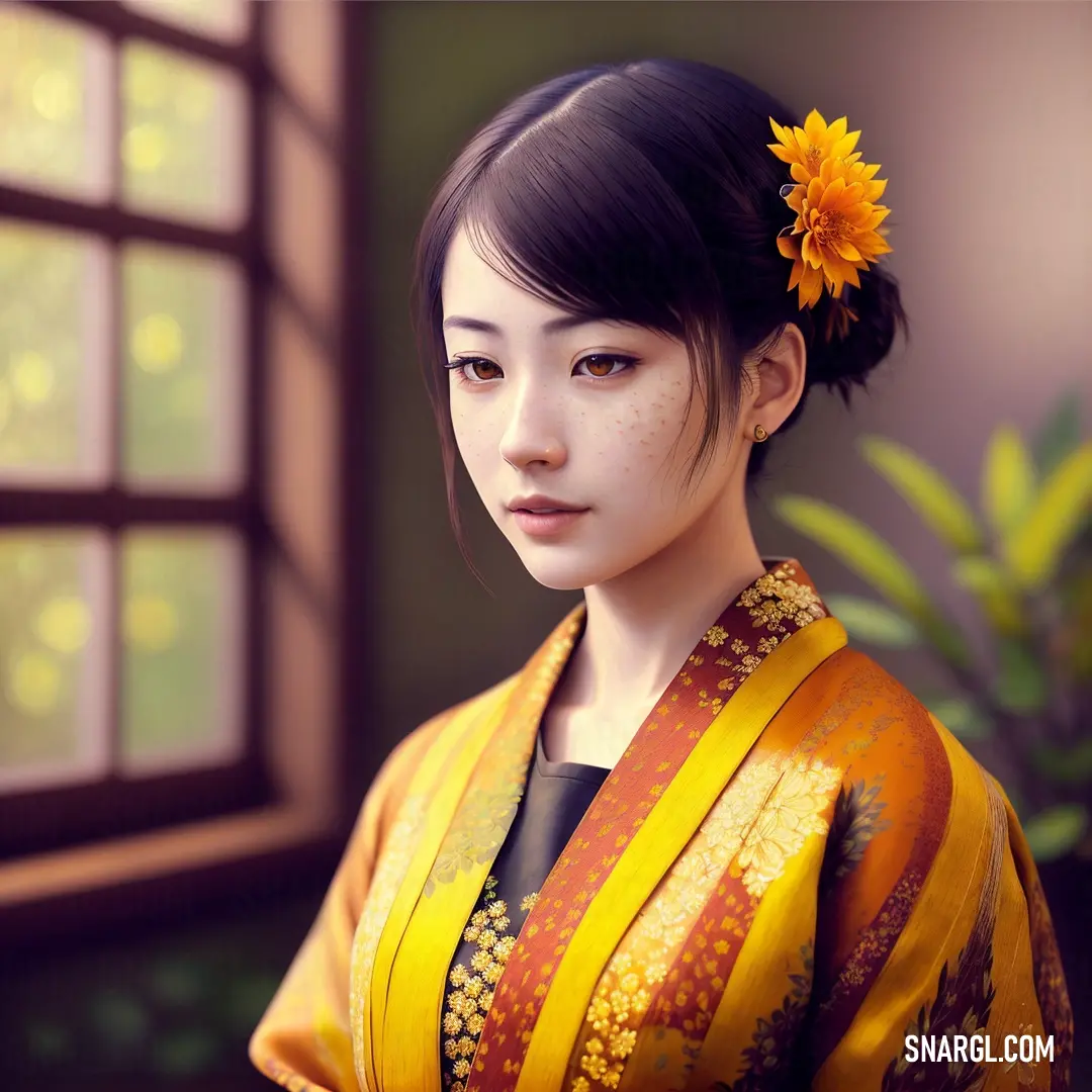 Woman in a yellow kimono with a flower in her hair and a window behind her is looking at the camera
