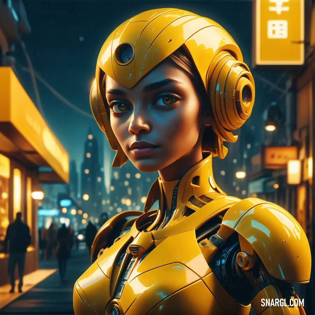 Golden yellow color. Woman in a yellow leather outfit with headphones on her ears and a yellow top with a metal collar