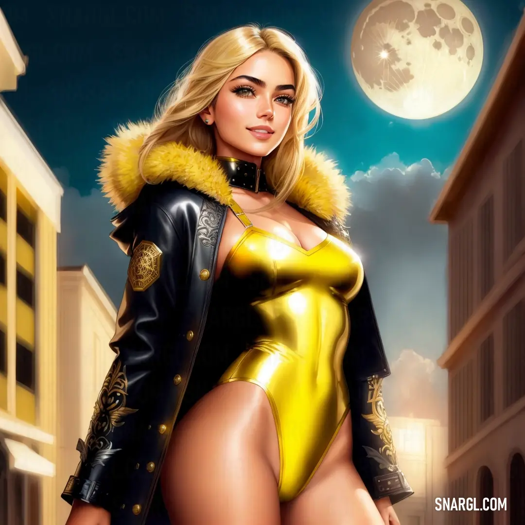 Woman in a yellow outfit and a black jacket is standing in a city street at night with a full moon in the background