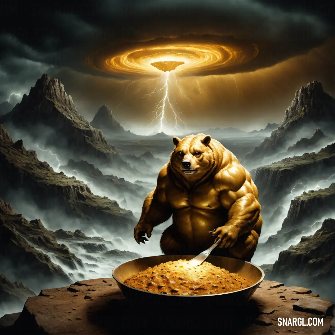 Bear is eating a bowl of food with a lightning in the background. Color #DAA520.