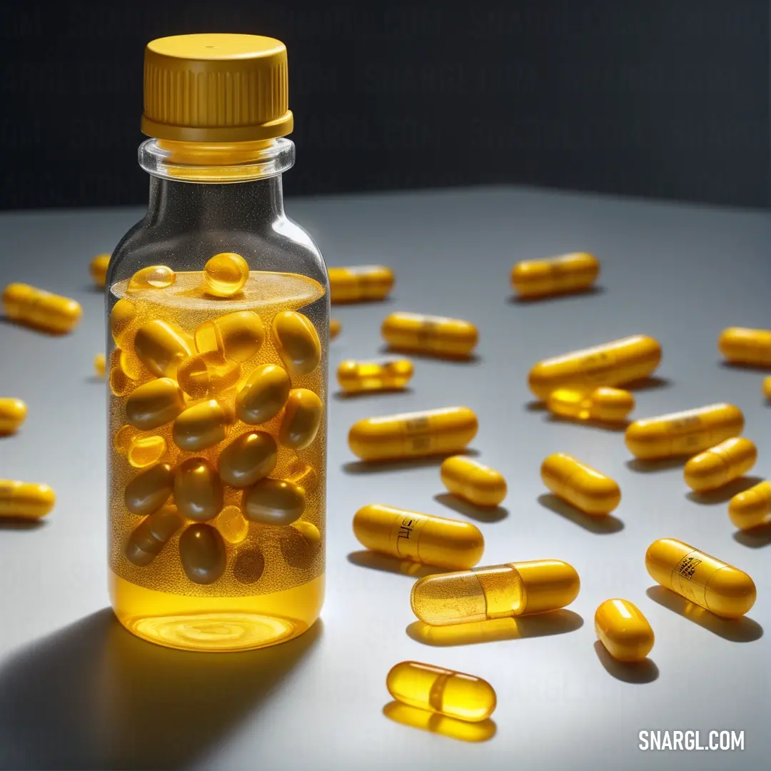 Bottle filled with yellow pills on a table with scattered yellow pills scattered around it on a white surface. Color Goldenrod.