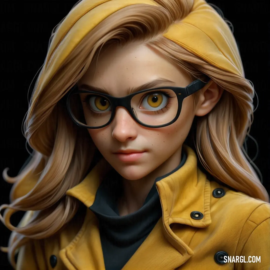 Goldenrod color example: Close up of a doll wearing glasses and a yellow jacket with a black collar and black collared shirt