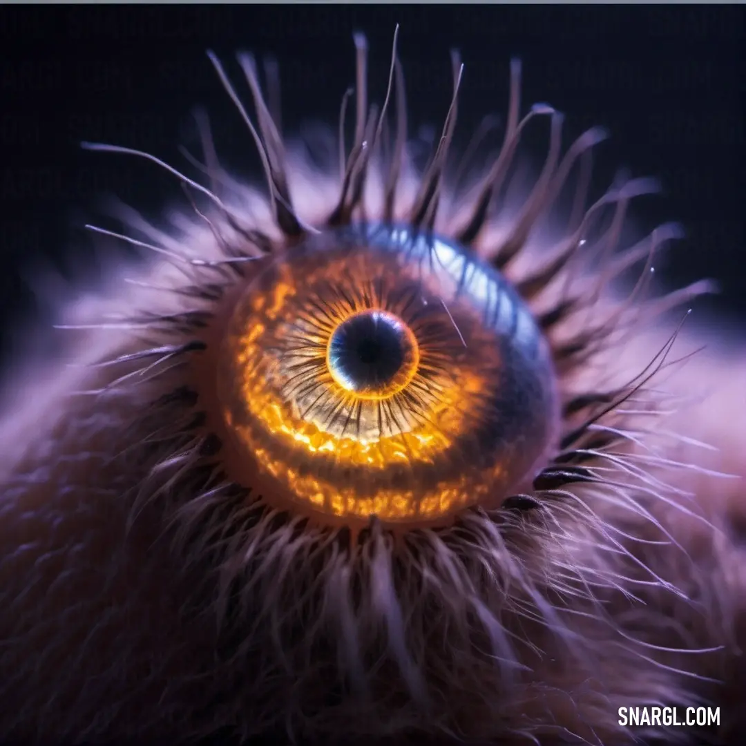 Close up of a very pretty looking animal eye with a weird pattern on it's iris and a black background. Color #DAA520.