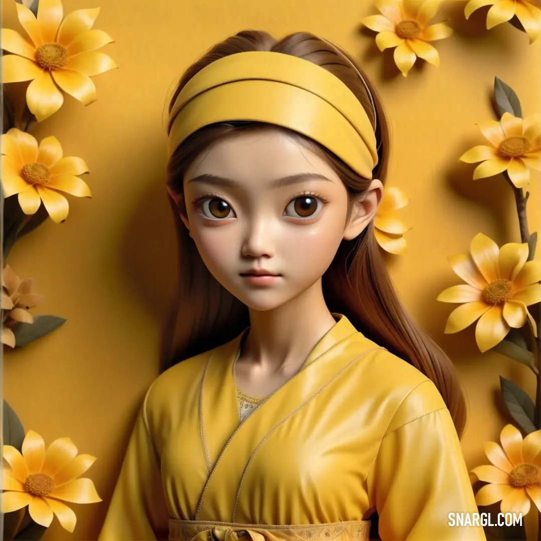 Digital painting of a girl in a yellow dress with a yellow flower behind her head and a yellow background. Example of #DAA520 color.