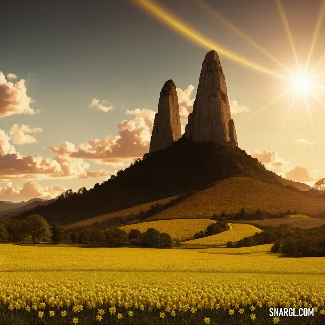 Field of yellow flowers with a mountain in the background. Example of CMYK 0,24,85,15 color.