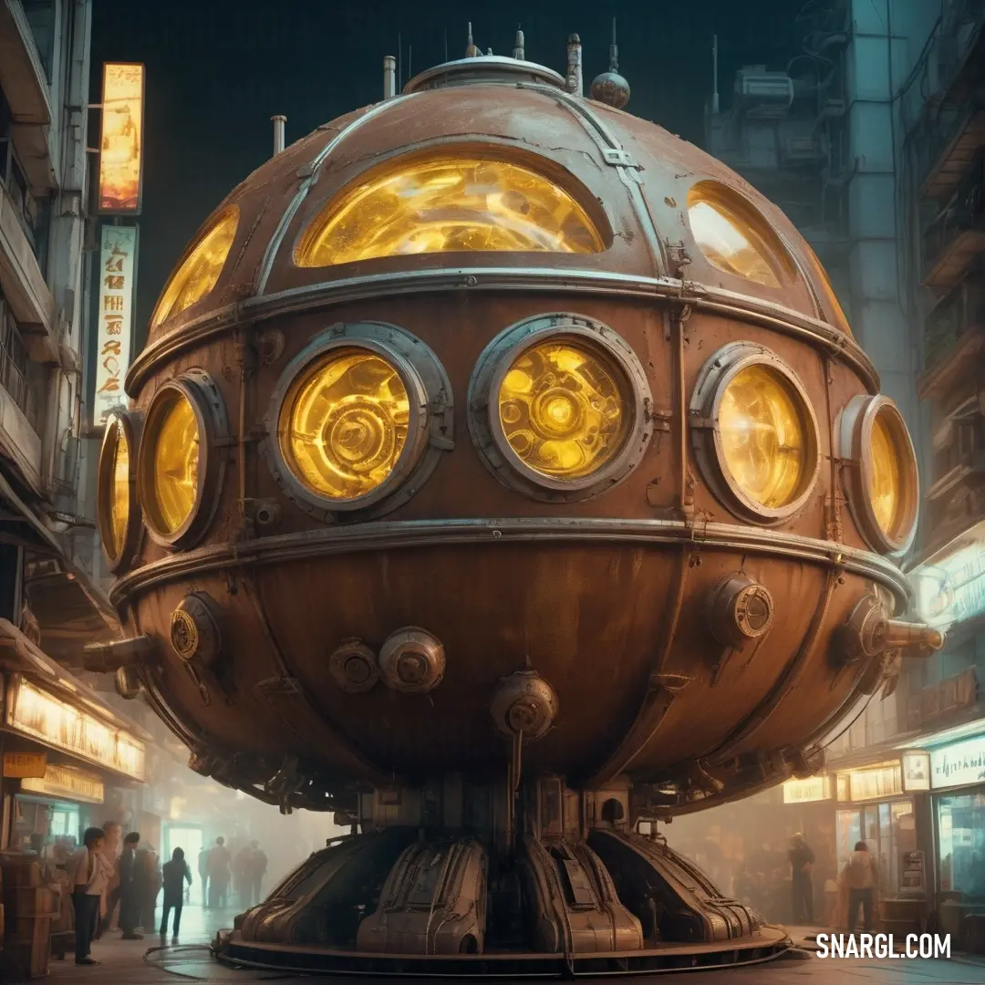 Futuristic city with a giant object in the middle of the street at night time with people walking around. Example of Goldenrod color.