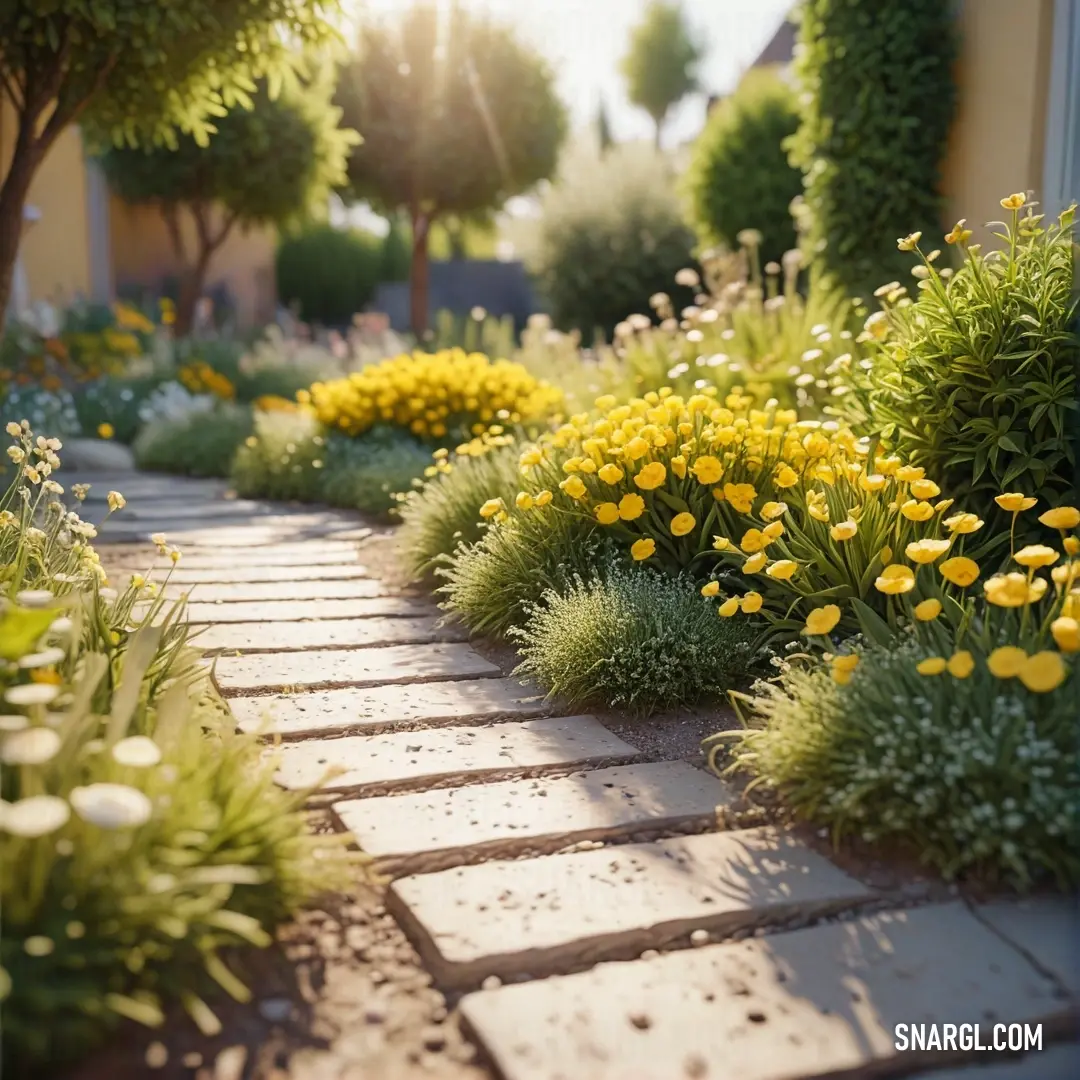 A lush garden filled with yellow flowers and greenery sits along the side of a road, with a charming brick walkway leading through it. The bright floral colors contrast beautifully with the natural green plants.