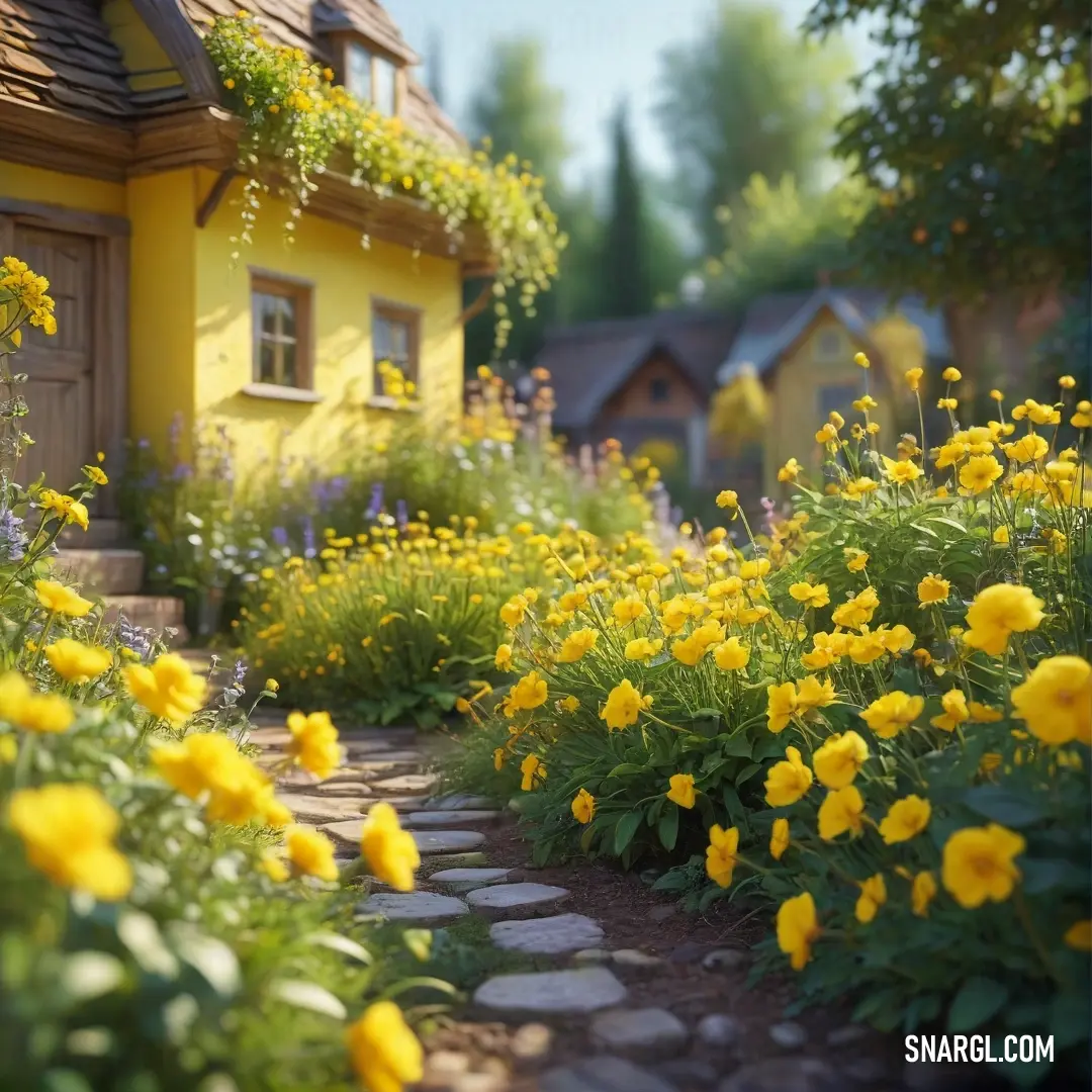 A stunning garden filled with bright yellow flowers, with a house peeking out from the background. The warm and lively CMYK colors make the scene feel bright and welcoming, inviting you to explore the beauty of nature.