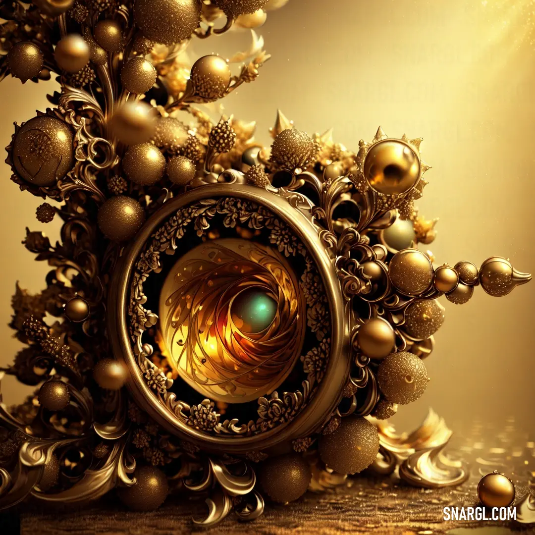 Golden clock with a green eye surrounded by gold ornaments and a golden background with a gold star burst