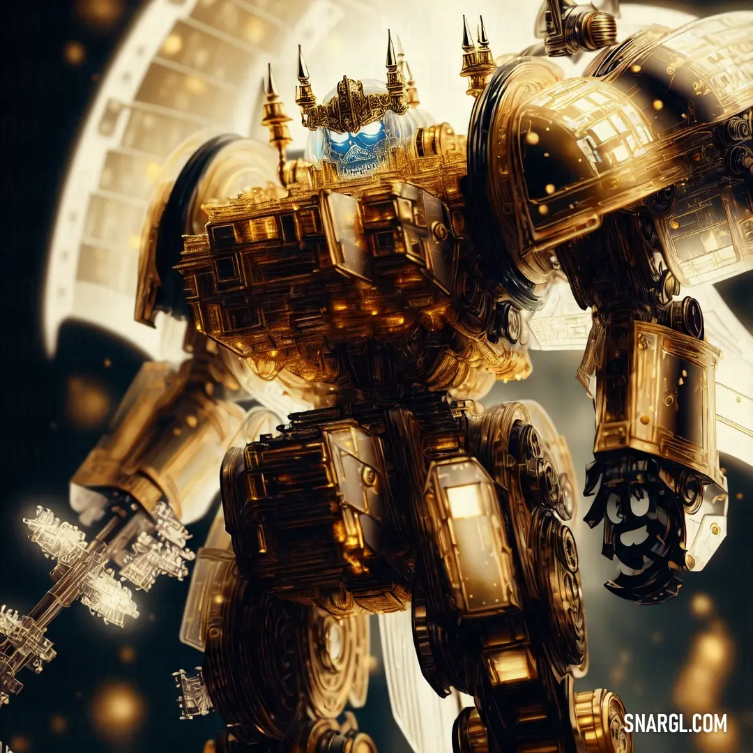 Golden robot with a large sword in his hand and a helmet on his head