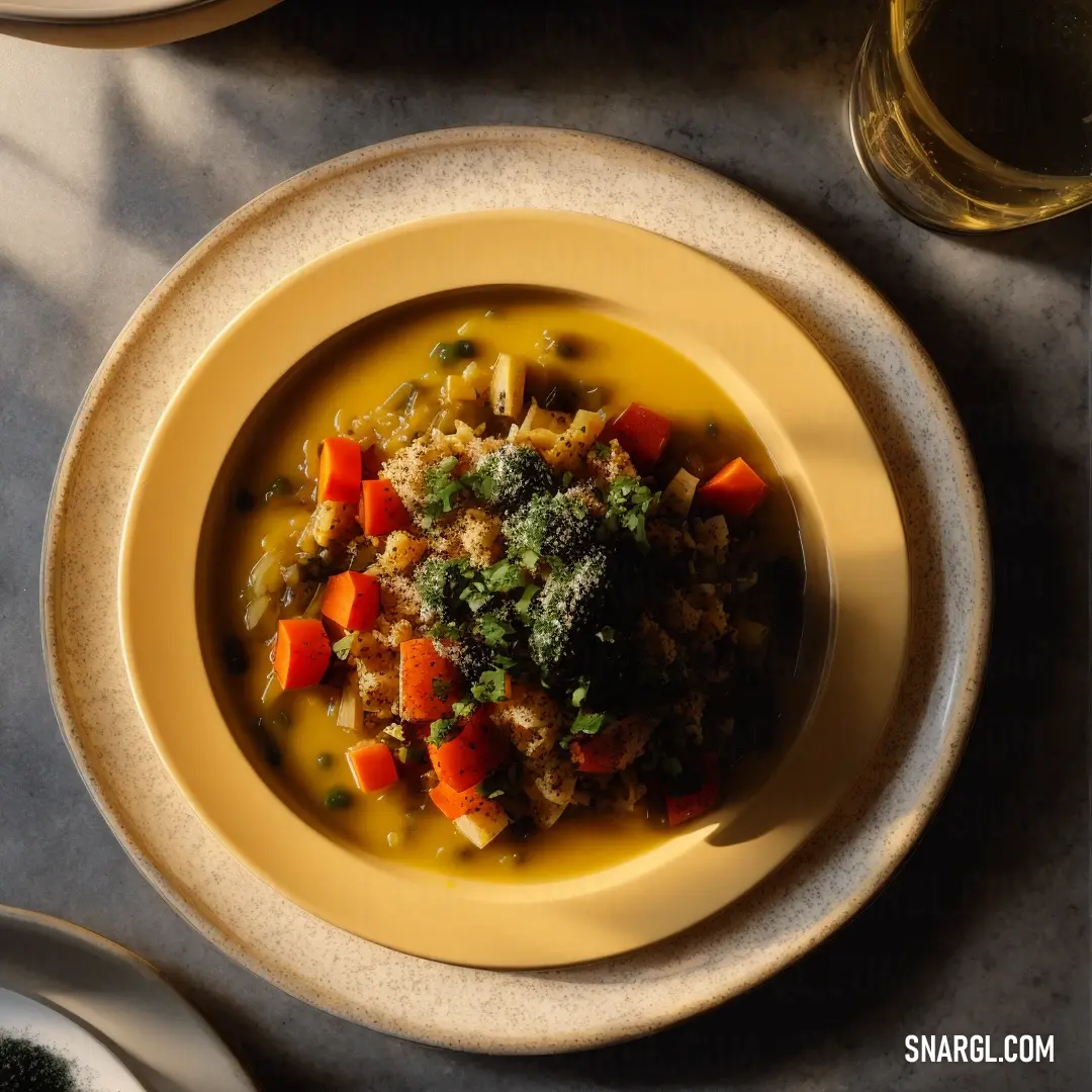 Bowl of soup with vegetables and rice on a table with a glass of wine and a plate of bread. Color CMYK 0,24,85,15.