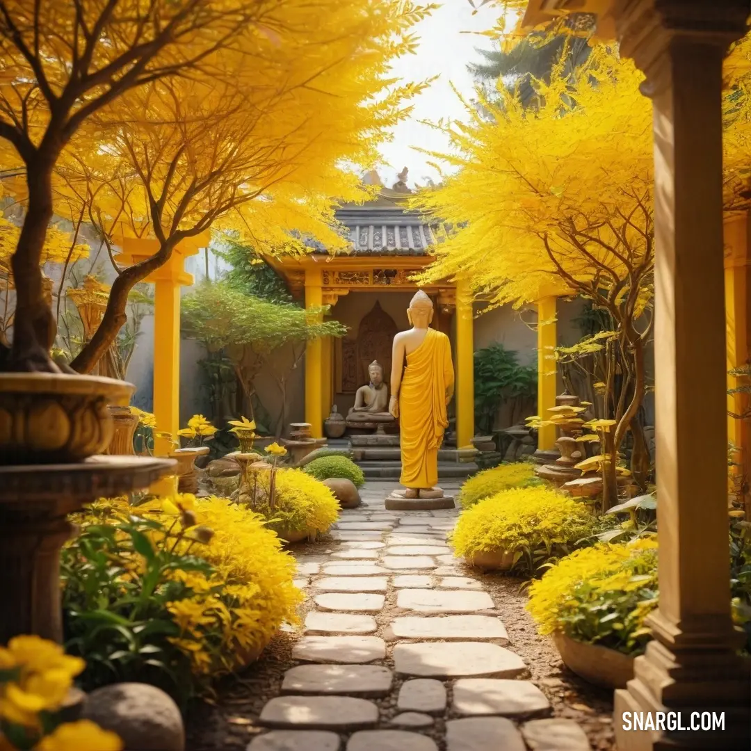 Buddha statue in a garden with yellow trees and flowers around it and a walkway leading to a pagoda. Example of CMYK 0,24,85,15 color.