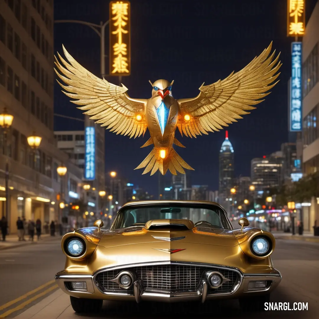 Goldenrod color. Gold car with a bird on top of it's head in a city street at night with lights