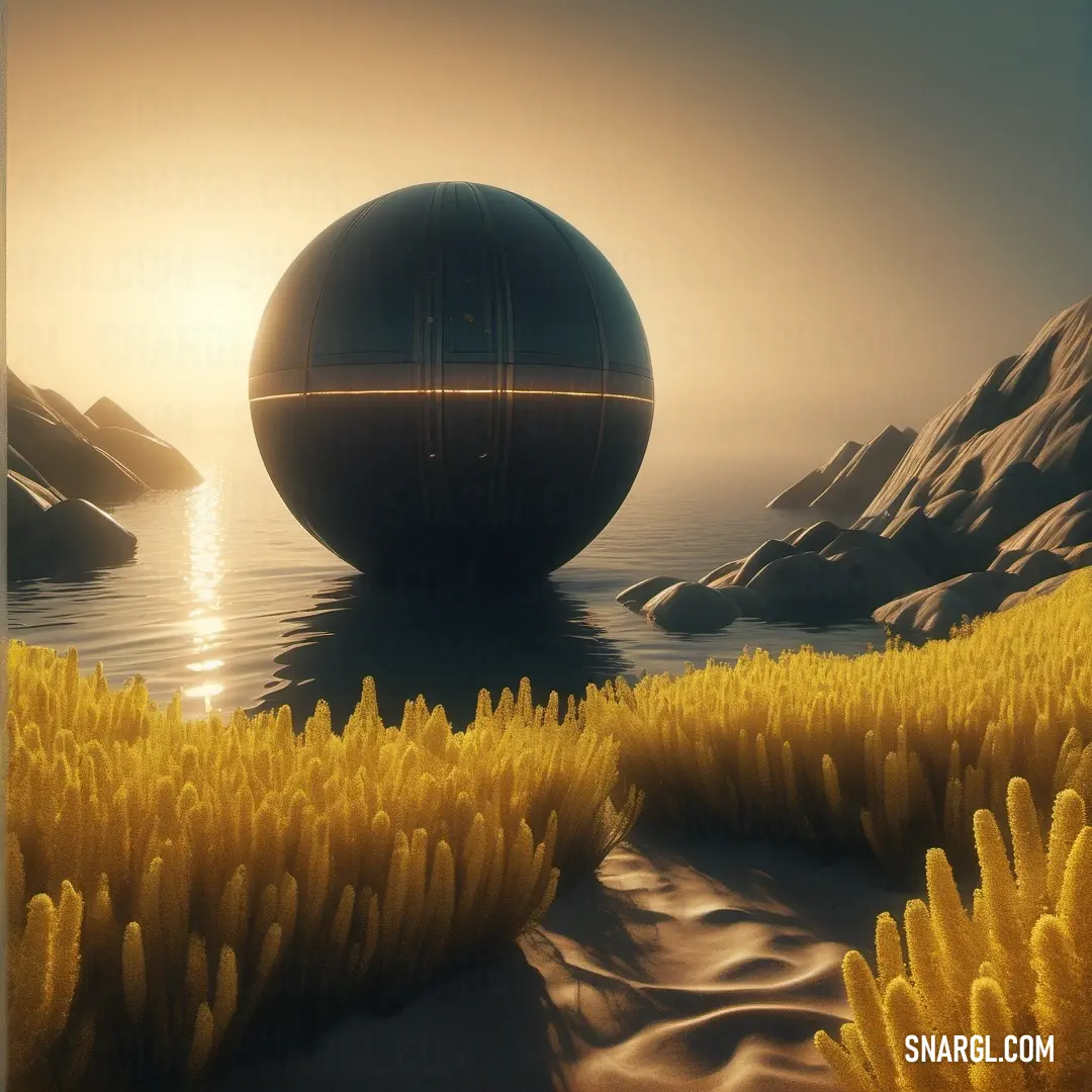 Goldenrod color. Large ball floating over a lush green field next to a body of water with yellow plants on the shore