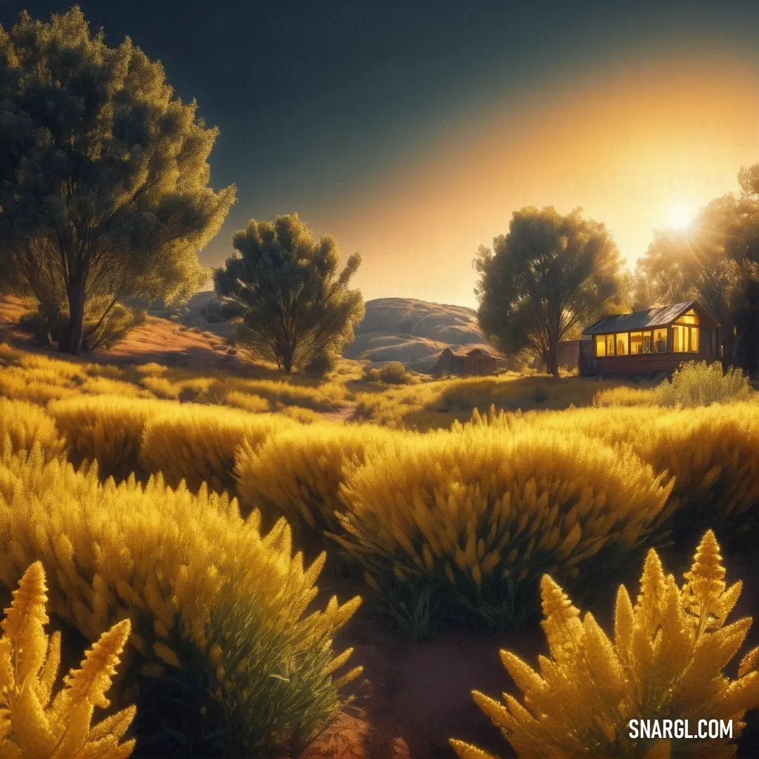 Painting of a house in a field of grass and trees at sunset with the sun shining on the horizon. Example of CMYK 0,24,85,15 color.