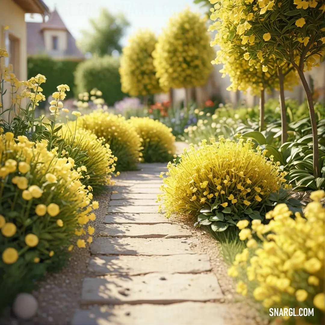 A scenic pathway lined with vibrant yellow flowers and trees, leading the way toward a peaceful garden in the background. The soft CMYK colors add a sense of warmth and tranquility to this inviting outdoor space.