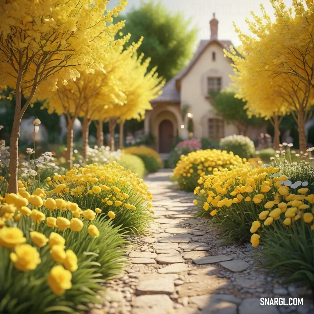 A picturesque pathway lined with yellow flowers and shaded by trees on either side. The path gently curves ahead, inviting you to explore the beauty of nature in a vibrant, sunlit setting.