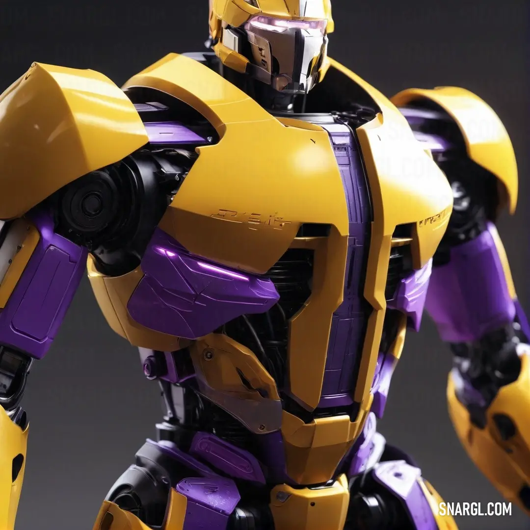 Robot that is standing up with a purple and yellow color scheme on it's face and arms. Example of RGB 218,165,32 color.