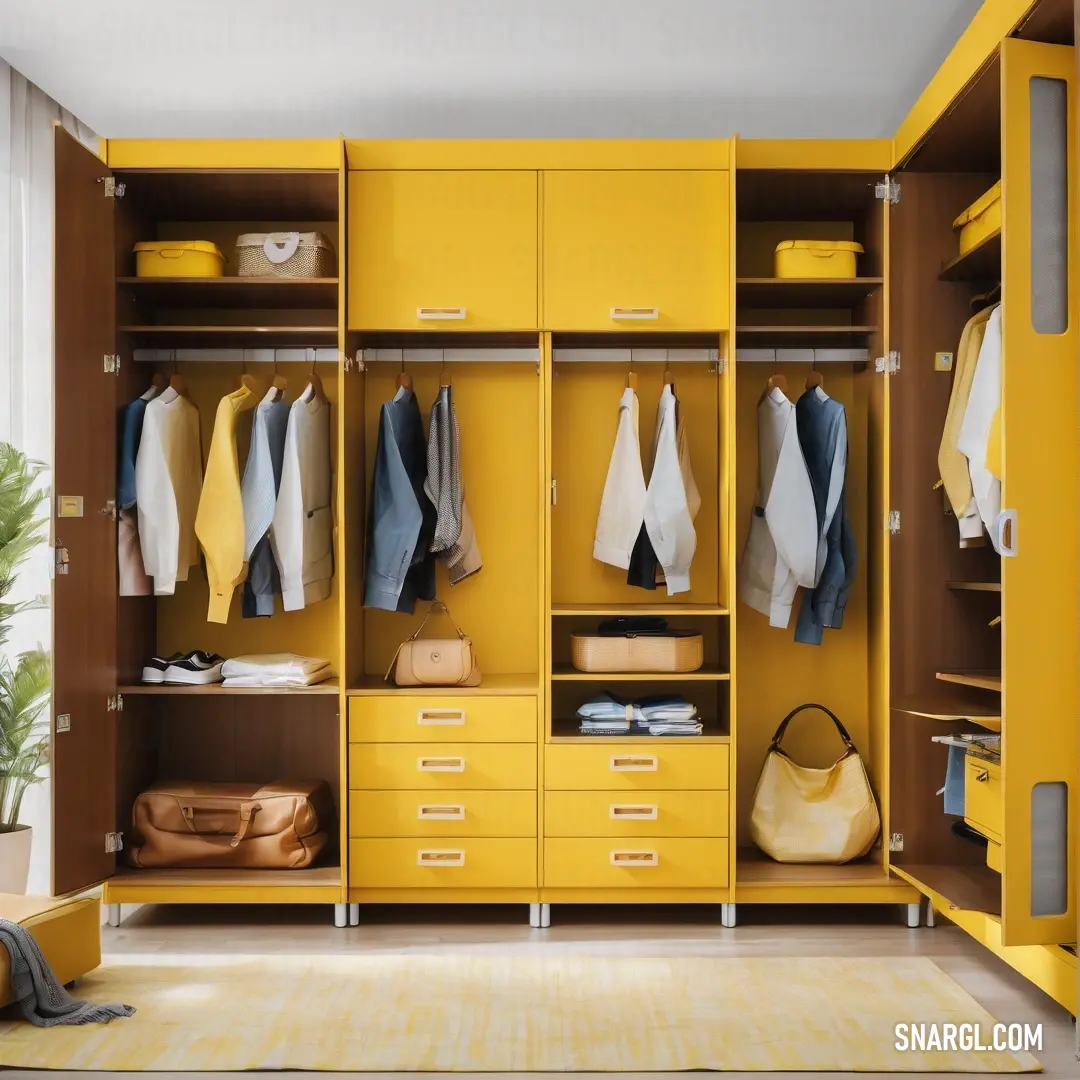 Goldenrod color. Yellow closet with a yellow rug and a yellow cabinet with clothes on it