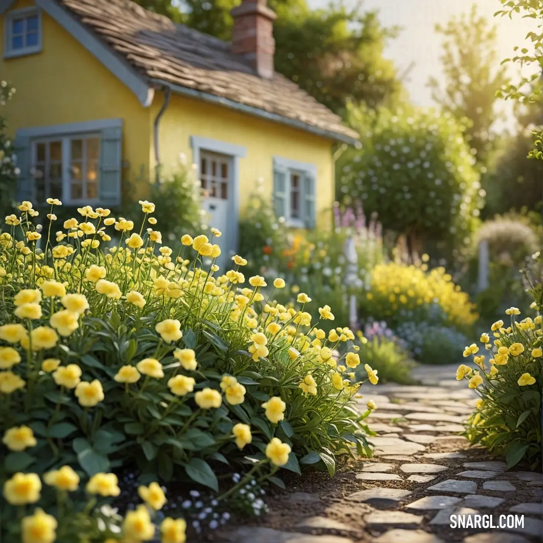 A cheerful yellow house surrounded by a garden of blooming flowers, offering a bright and welcoming atmosphere. The warm RGB colors make this scene feel inviting and full of life, perfect for those seeking a cozy home surrounded by nature.