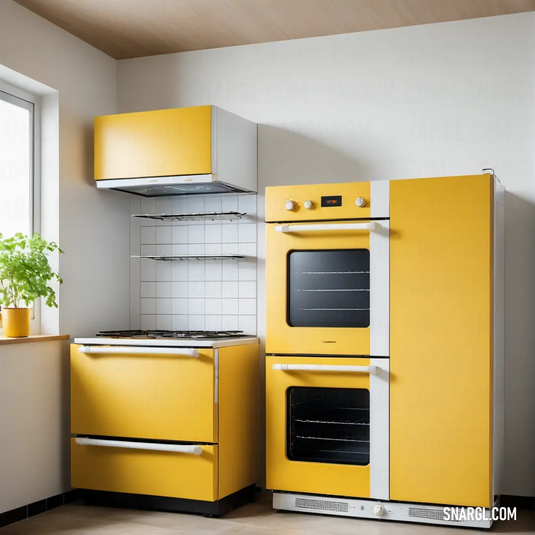 Goldenrod color. Yellow stove and oven in a kitchen with a window and potted plant in the corner of the room
