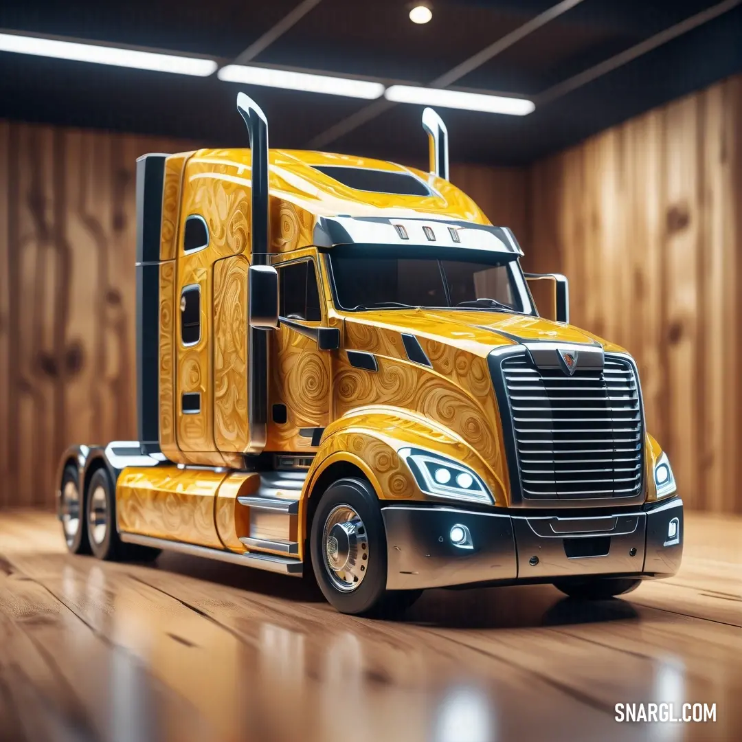 Yellow truck is parked in a room with wood paneling and a ceiling light above it is a wooden floor. Color Goldenrod.