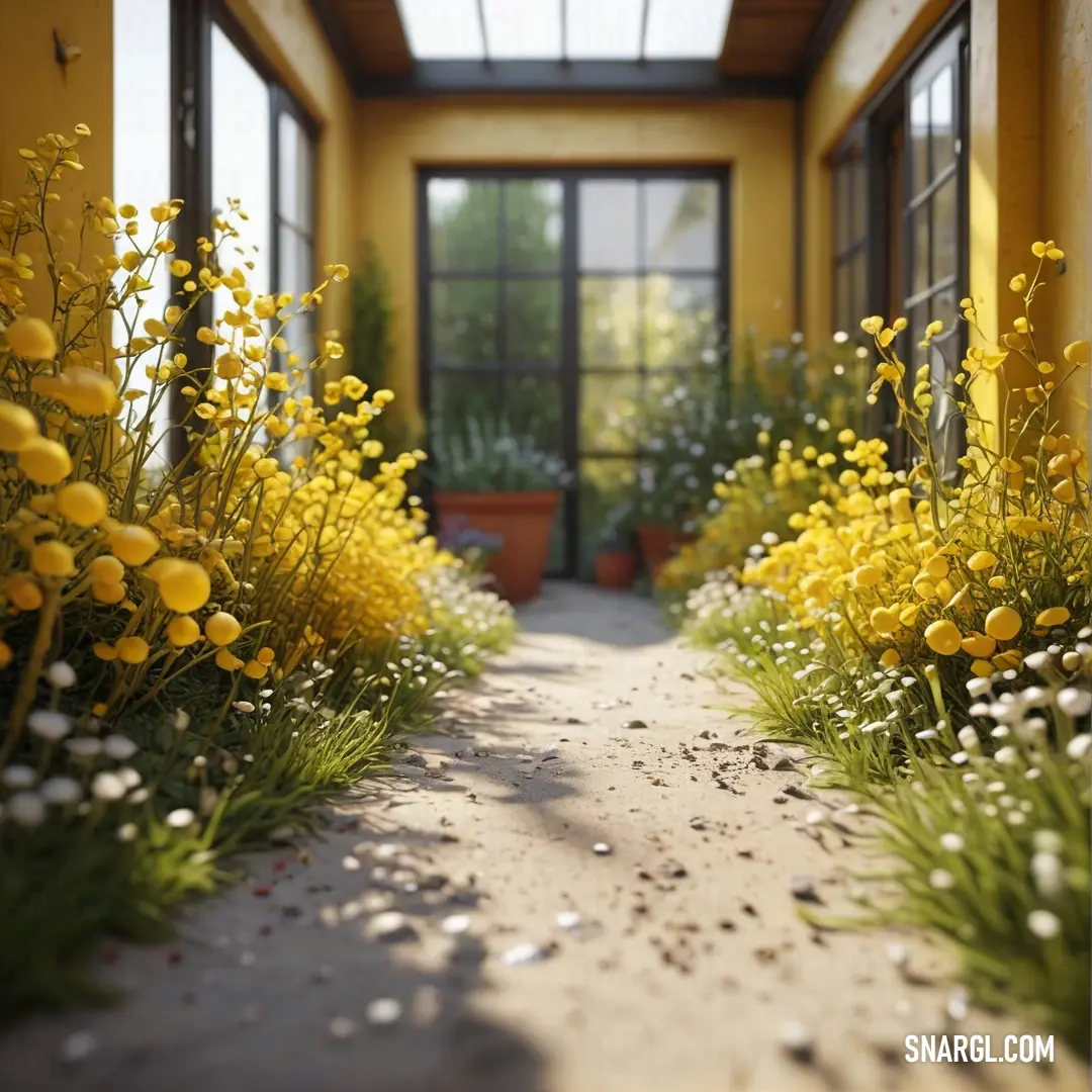 A vibrant hallway lined with blooming flowers and plants, with a warm golden hue that fills the space. The soft #DAA520 color creates an inviting and peaceful atmosphere, perfect for a moment of tranquility.