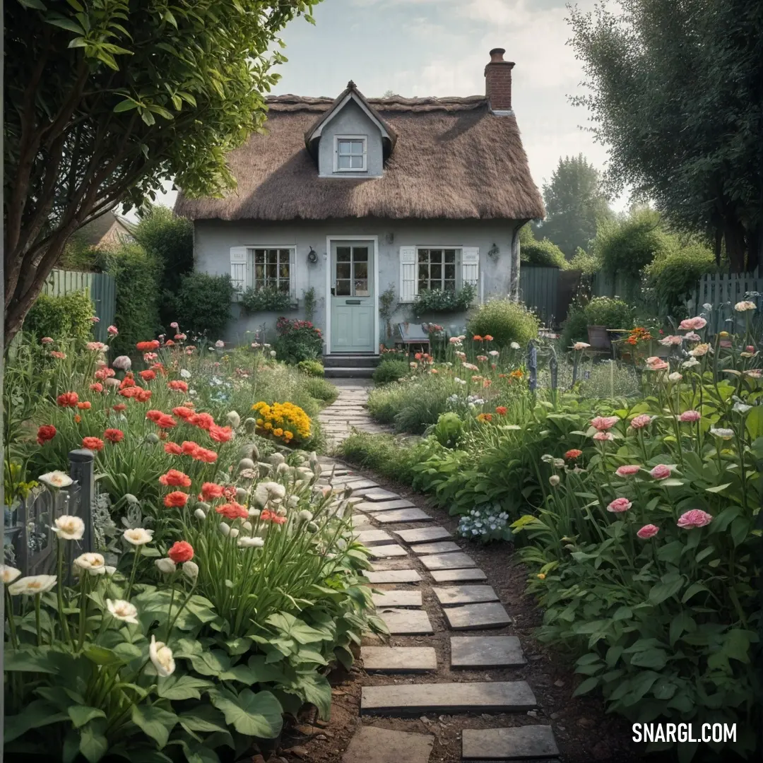 A charming house with a thatched roof nestled in a vibrant garden. A winding stone path with blooming flowers leads to the welcoming entrance, all bathed in a soft goldenrod hue, creating a serene and picturesque scene.