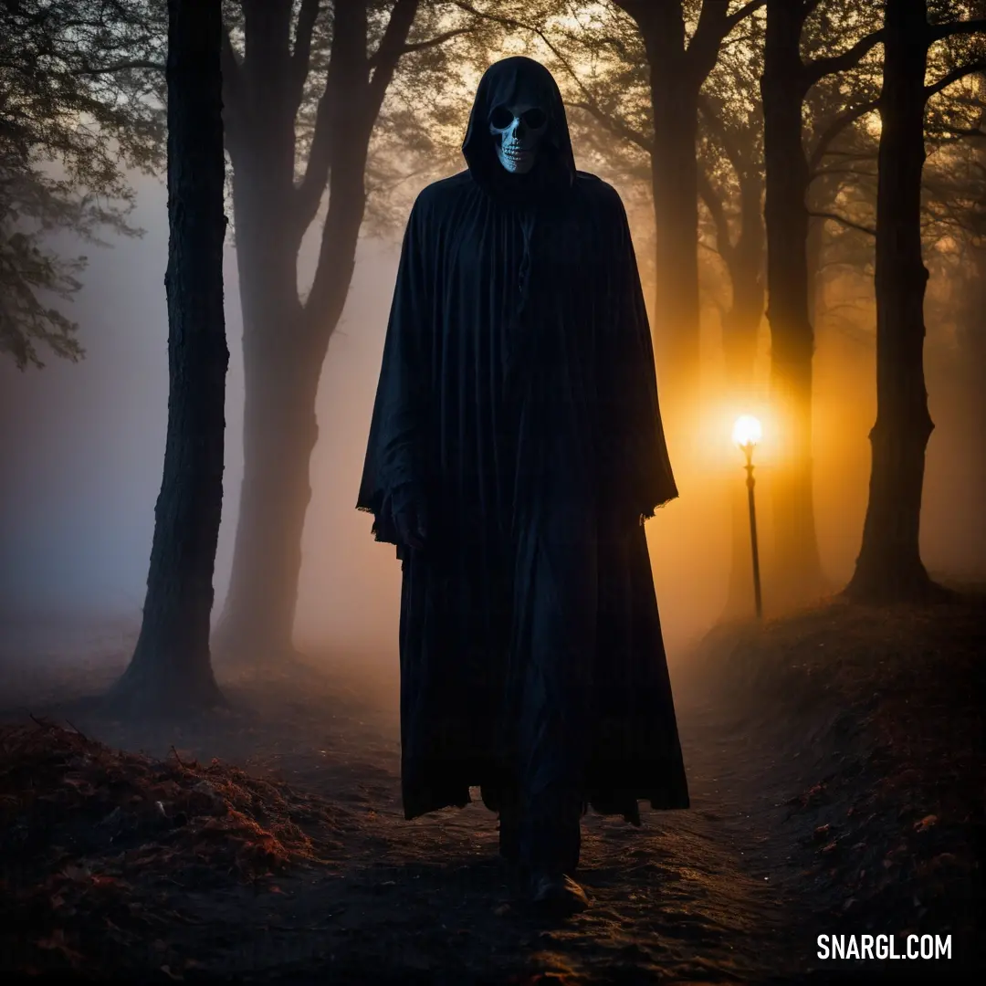Man in a hooded costume standing in a forest at night with a light shining through the fog behind him