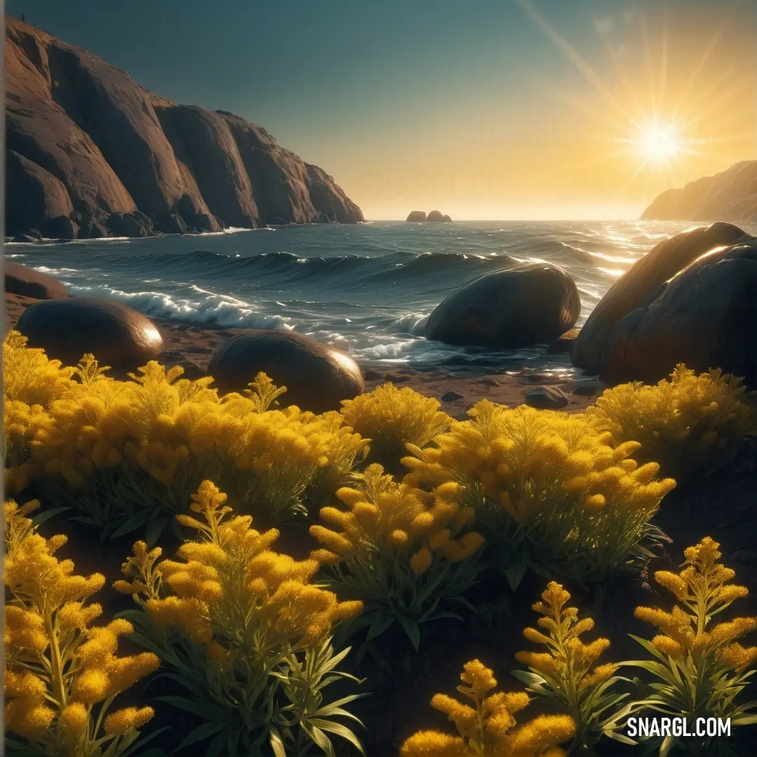 Goldenrod color example: Painting of a beach with yellow flowers and rocks in the background