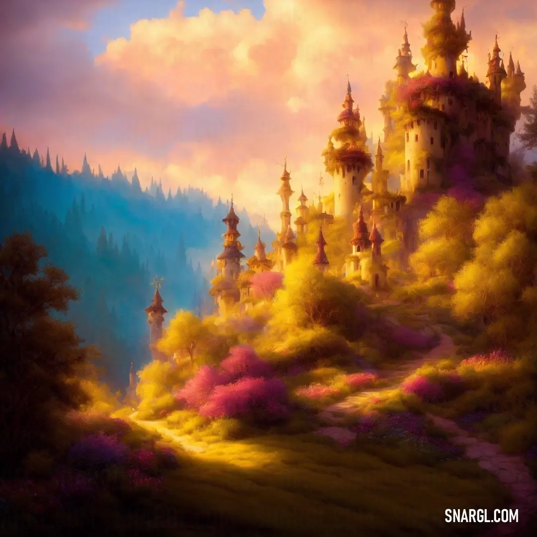 Painting of a castle on a hill with trees and flowers in the foreground and a sunset in the background