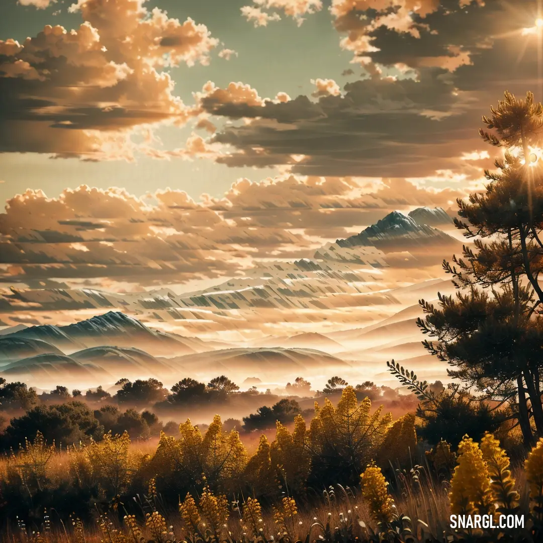 Painting of a mountain range with trees and clouds in the background with sun shining through the clouds