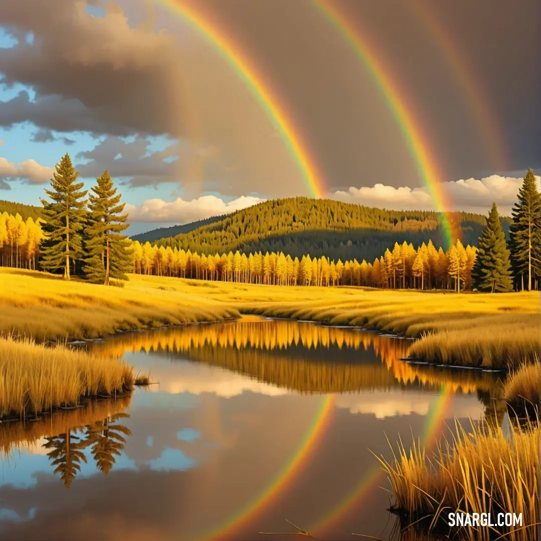 Painting of a rainbow over a lake and a forest with trees in the background. Color Goldenrod.