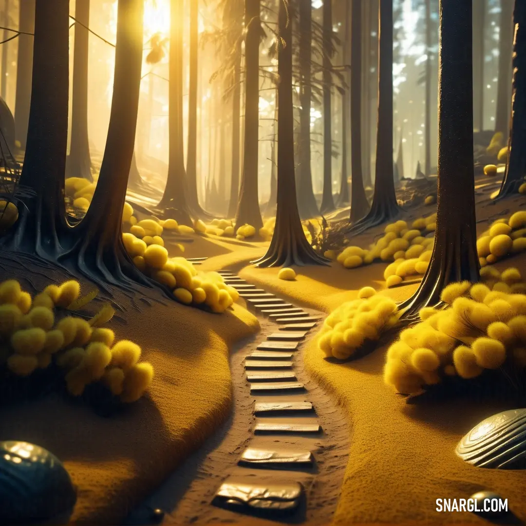 Path through a forest with yellow flowers and trees on the ground and a sun shining through the trees. Color RGB 218,165,32.