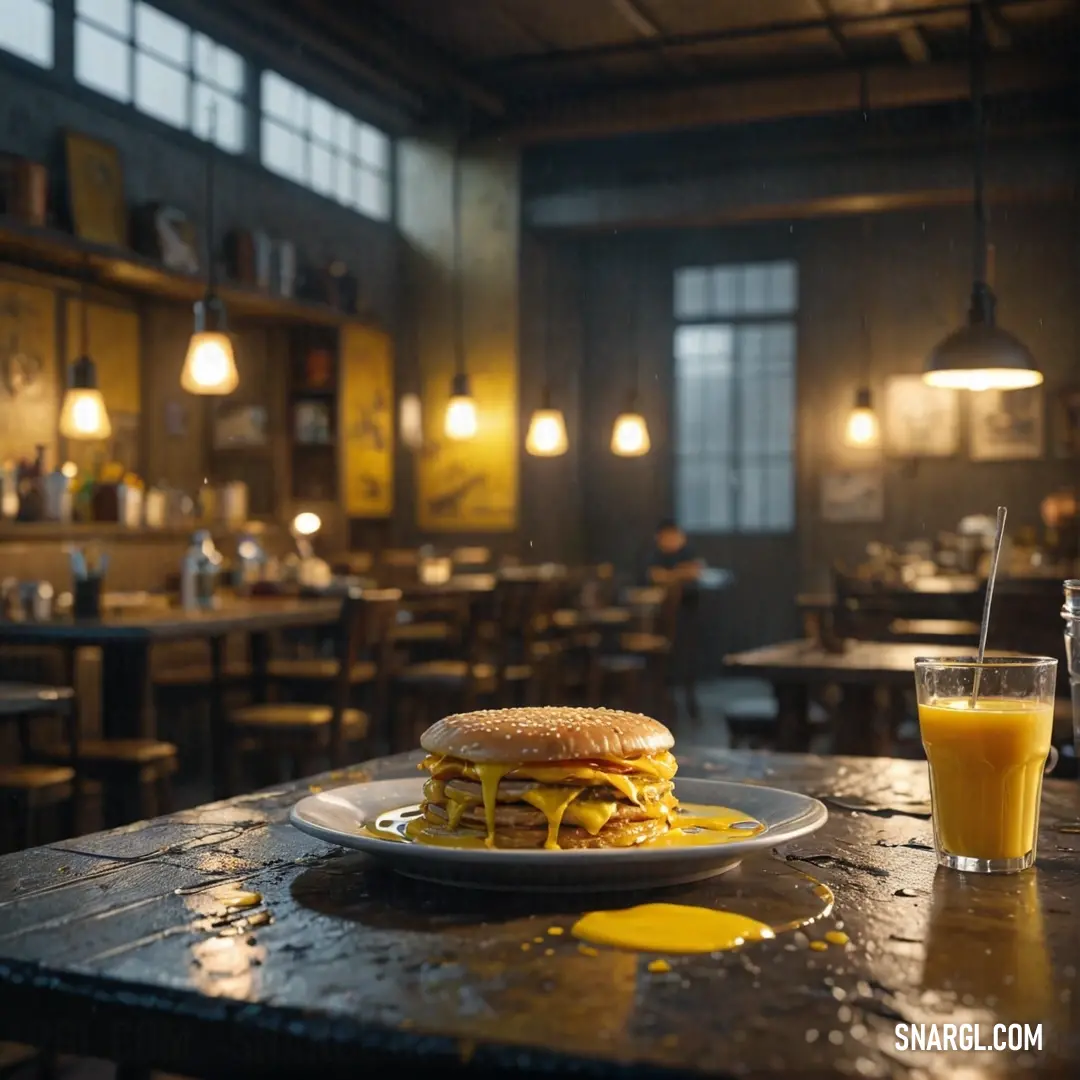 Plate of food on a table in a restaurant with a glass of orange juice and a sandwich on a plate. Color Goldenrod.