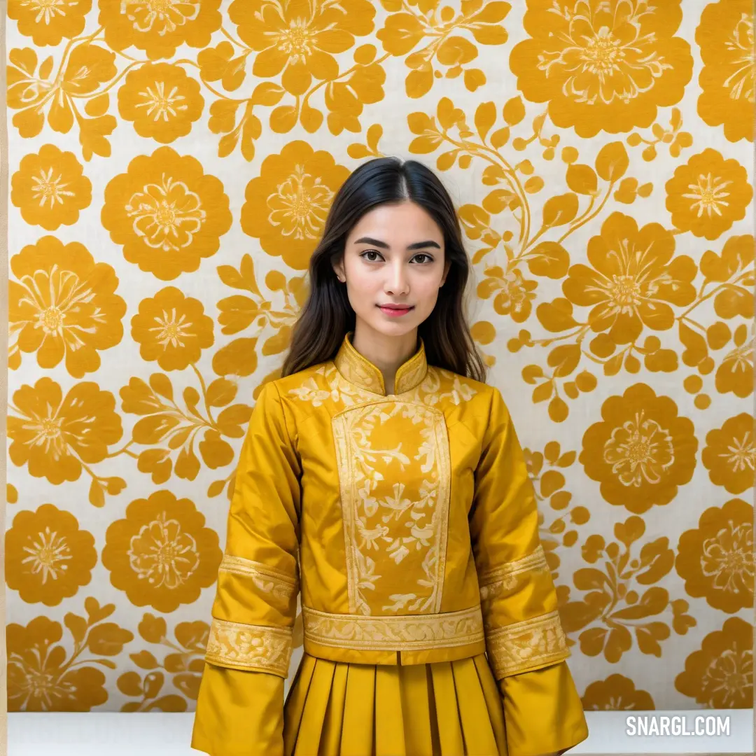 Woman in a yellow dress standing in front of a wall with a flower pattern on it. Color #DAA520.