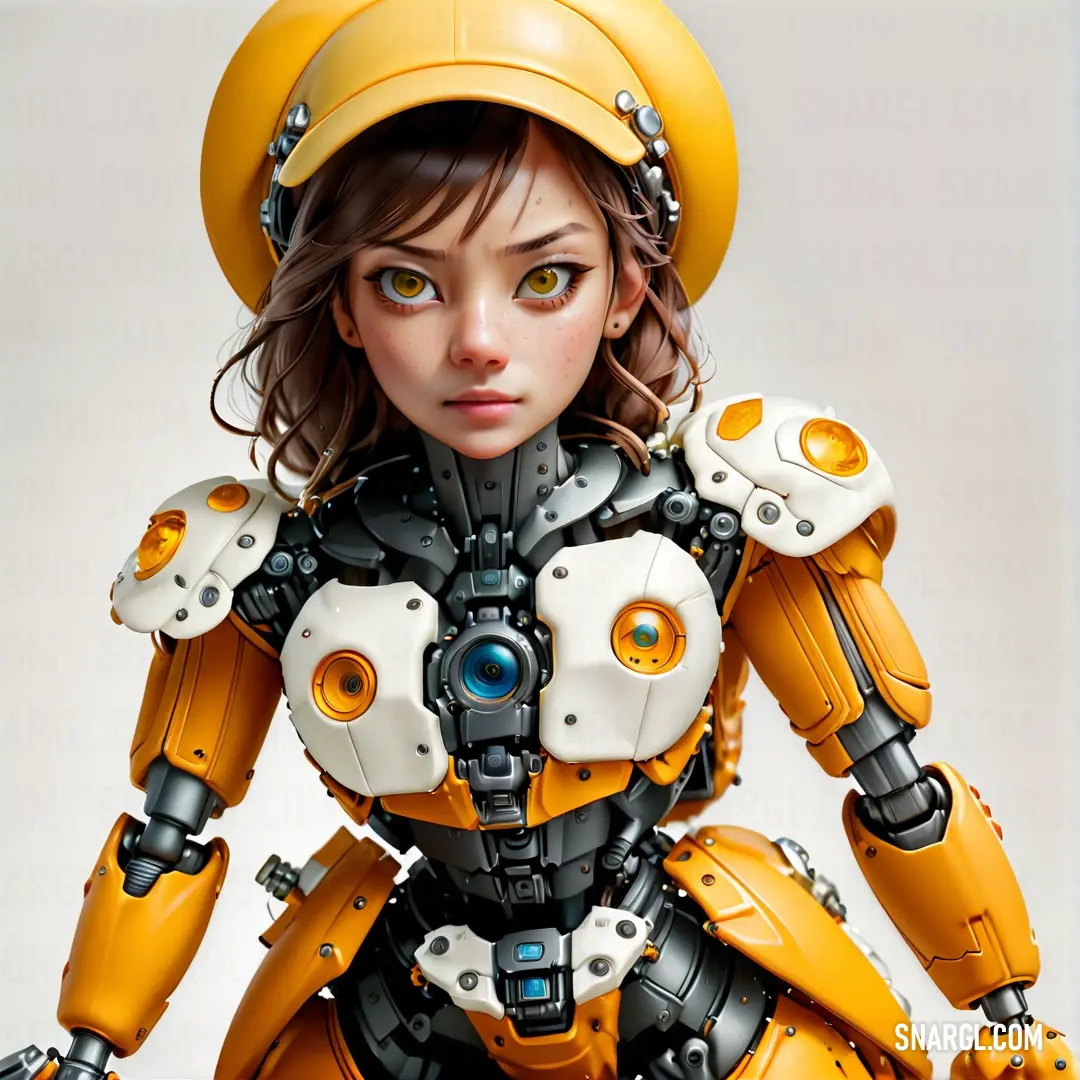 Woman in a yellow helmet and a robot suit with a camera on her shoulder and arms on her chest. Color #DAA520.