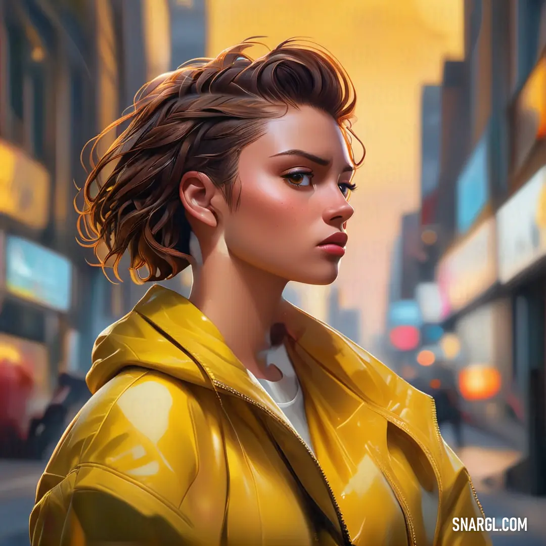 Goldenrod color example: Woman in a yellow jacket is standing in the street with a city in the background
