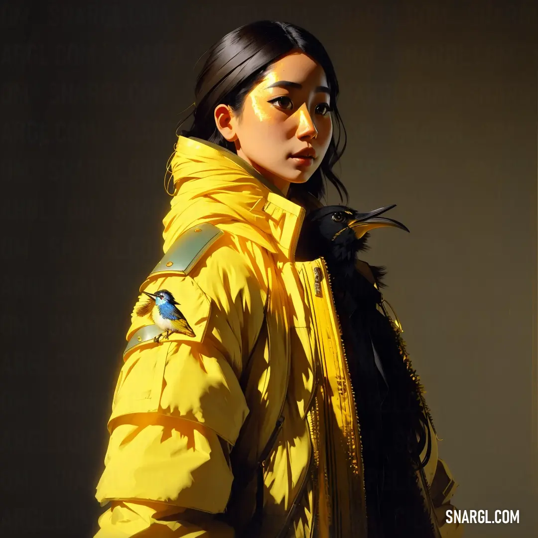 Woman in a yellow jacket with a bird on her shoulder