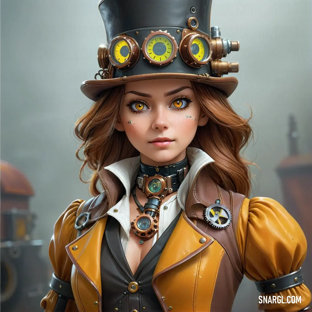 Woman with a top hat and steampunks on her head and a steampunk jacket. Color CMYK 0,24,85,15.