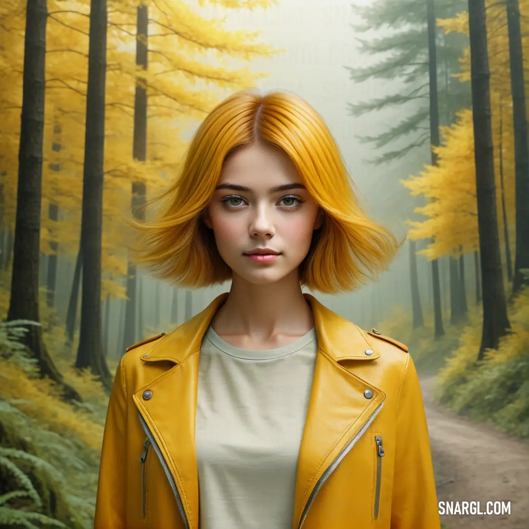Goldenrod color example: Woman with a yellow jacket standing in a forest with a path leading to a yellow tree with yellow leaves